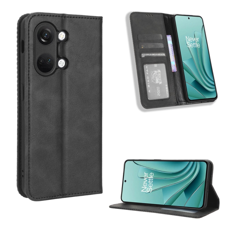

For OnePlus Ace 2V Magnetic Buckle Retro Texture Leather Phone Case(Black)