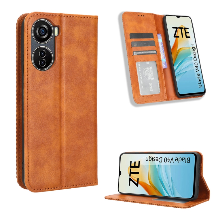 

For ZTE Blade V40 Design Magnetic Buckle Retro Texture Leather Phone Case(Brown)