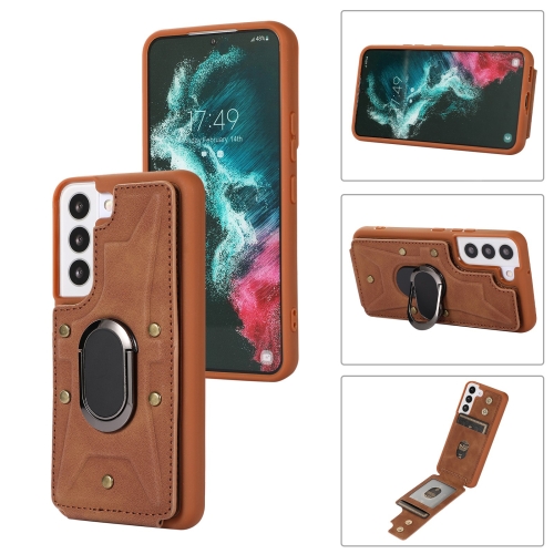 

For Samsung Galaxy S23 5G Armor Ring Wallet Back Cover Phone Case(Brown)