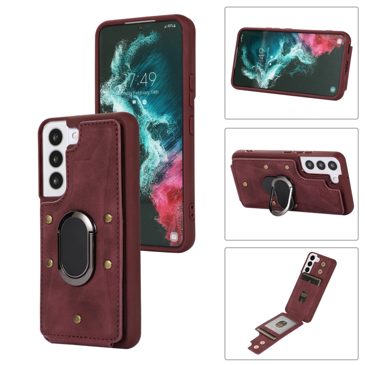 

For Samsung Galaxy S23+ 5G Armor Ring Wallet Back Cover Phone Case(Wine Red)