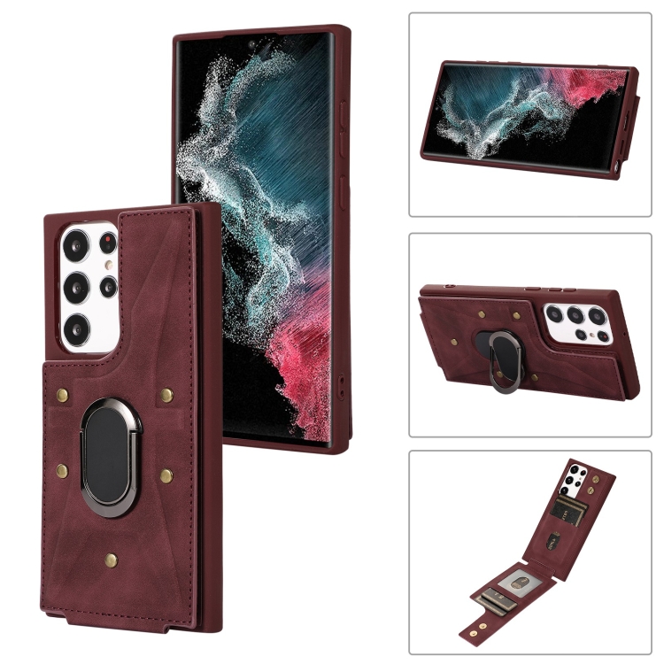 

For Samsung Galaxy S23 Ultra 5G Armor Ring Wallet Back Cover Phone Case(Wine Red)
