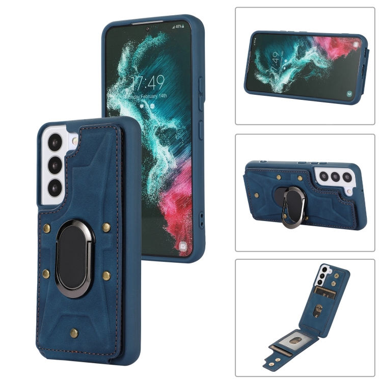 

For Samsung Galaxy S22 5G Armor Ring Wallet Back Cover Phone Case(Blue)