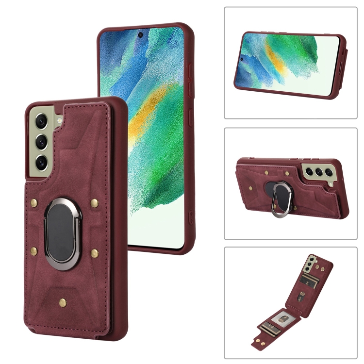 

For Samsung Galaxy S21 FE 5G Armor Ring Wallet Back Cover Phone Case(Wine Red)