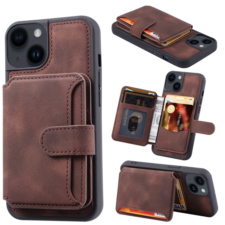 

For iPhone 13 Skin Feel Dream Anti-theft Brush Shockproof Portable Skin Card Bag Phone Case(Coffee)
