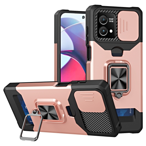 

For Motorola Moto G Stylus 5G 2023 Camera Shield Card Slot Phone Case with Ring Holder(Rose Gold)