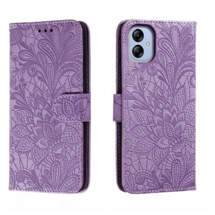 

For Samsung Galaxy A04e Lace Flower Embossing Flip Leather Phone Case(Purple)
