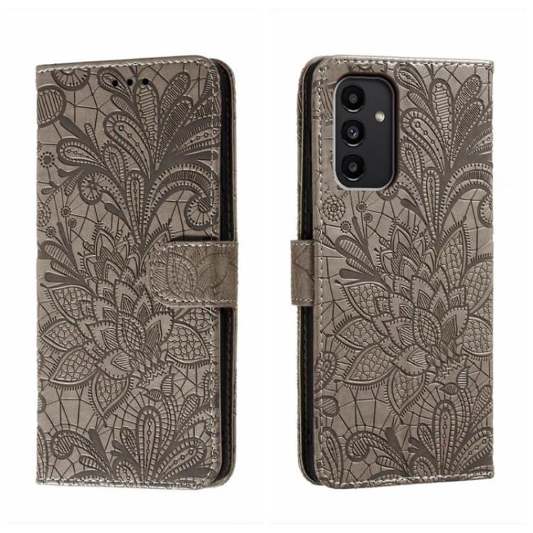 

For Samsung Galaxy A14 4G Lace Flower Embossing Flip Leather Phone Case(Grey)