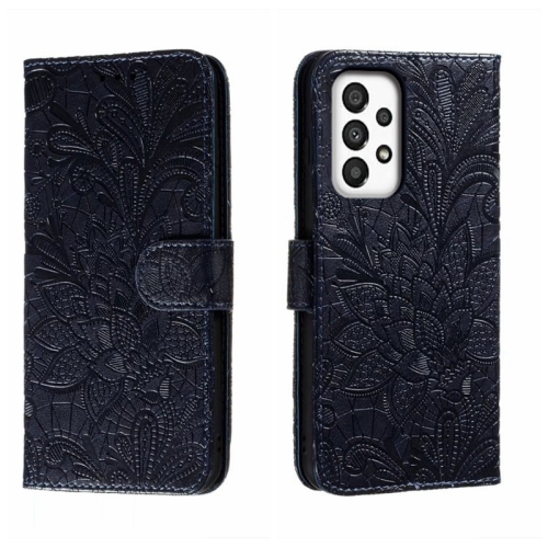 

For Samsung Galaxy A34 5G Lace Flower Embossing Flip Leather Phone Case(Dark Blue)