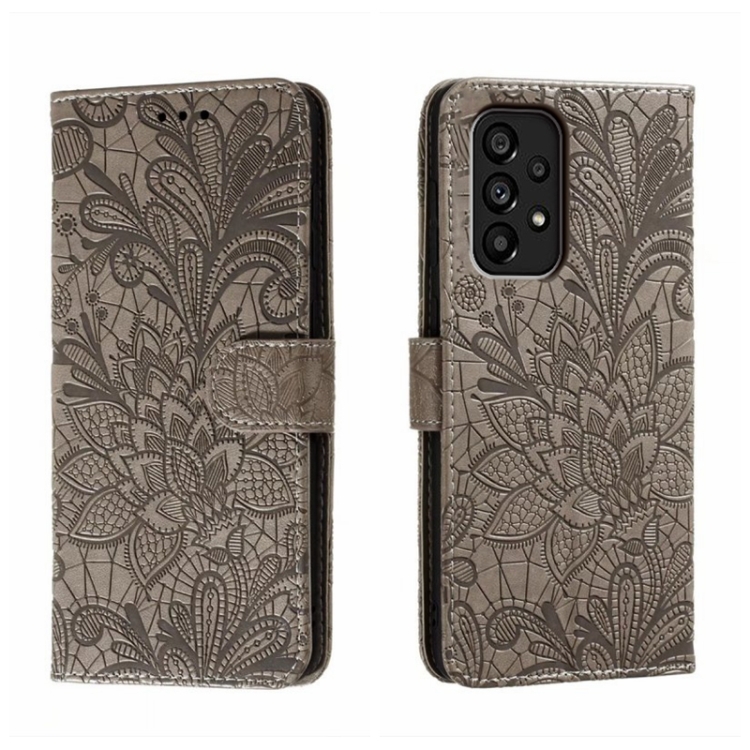 

For Samsung Galaxy A54 5G Lace Flower Embossing Flip Leather Phone Case(Grey)