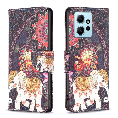 

For Xiaomi Redmi Note 12 4G Global Colored Drawing Leather Phone Case(Flowers Elephant)