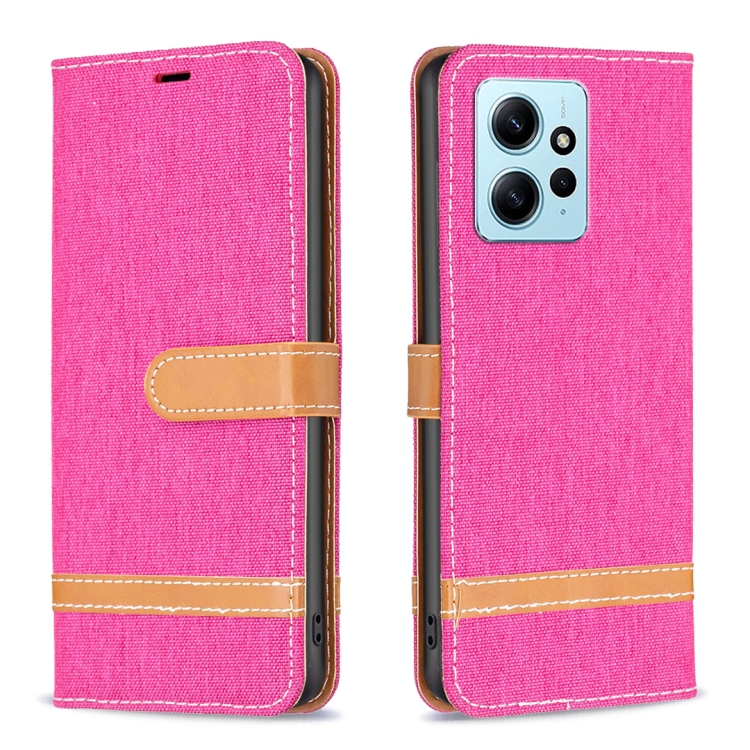 

For Xiaomi Redmi Note 12 4G Global Color Block Denim Texture Leather Phone Case(Rose Red)