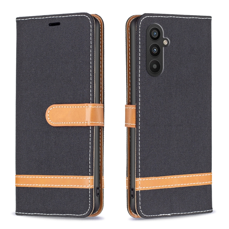 

For Samsung Galaxy A24 4G Color Block Denim Texture Leather Phone Case(Black)