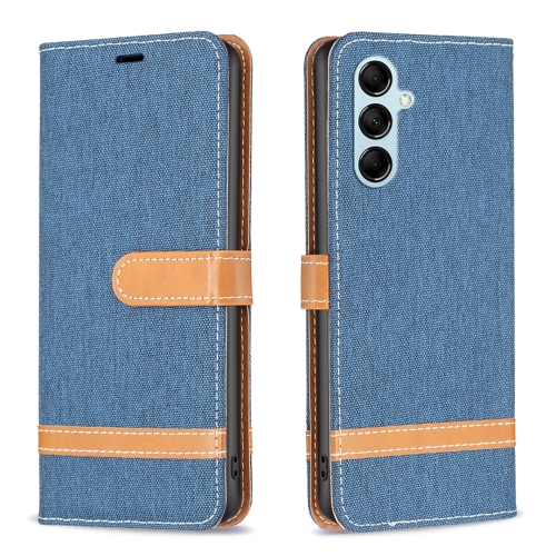 

For Samsung Galaxy M14 5G Color Block Denim Texture Leather Phone Case(Dark Blue)