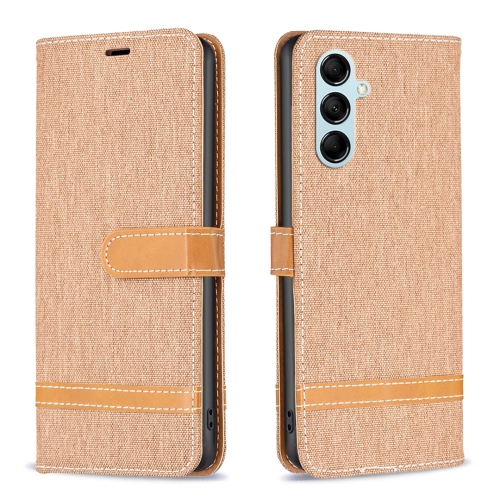 

For Samsung Galaxy M14 5G Color Block Denim Texture Leather Phone Case(Brown)