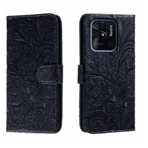 

For Xiaomi Redmi 10C Lace Flower Embossing Flip Leather Phone Case(Dark Blue)