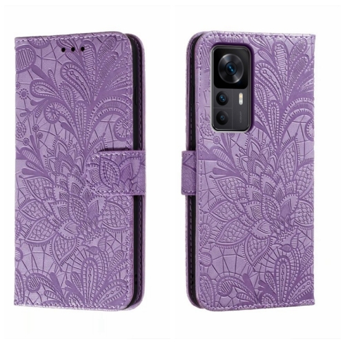 

For Xiaomi Redmi K50 Ultra Lace Flower Embossing Flip Leather Phone Case(Purple)