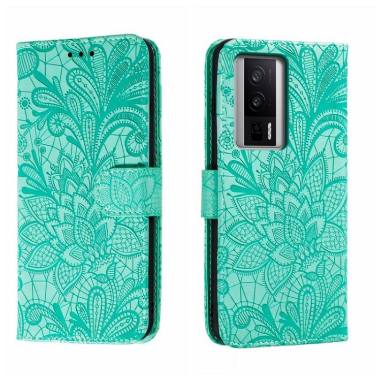 

For Xiaomi Redmi K60 Lace Flower Embossing Flip Leather Phone Case(Green)