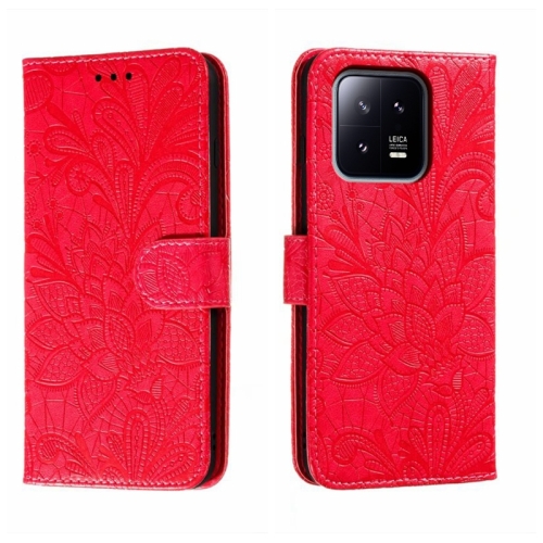 

For Xiaomi 13 Lace Flower Embossing Flip Leather Phone Case(Red)