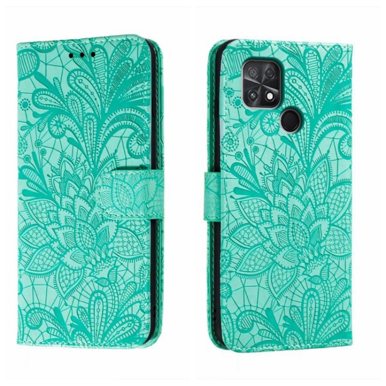 

For Xiaomi Poco C40 Lace Flower Embossing Flip Leather Phone Case(Green)