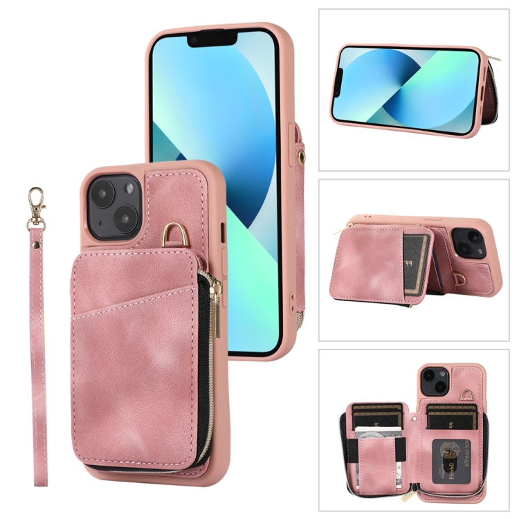 

For iPhone 14 Plus Zipper Card Bag Back Cover Phone Case(Pink)