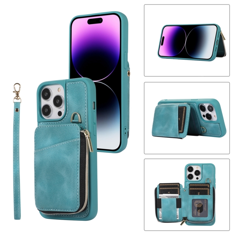 

For iPhone 14 Pro Zipper Card Bag Back Cover Phone Case(Turquoise)