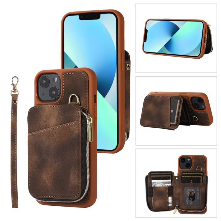 

For iPhone 13 Zipper Card Bag Back Cover Phone Case(Brown)