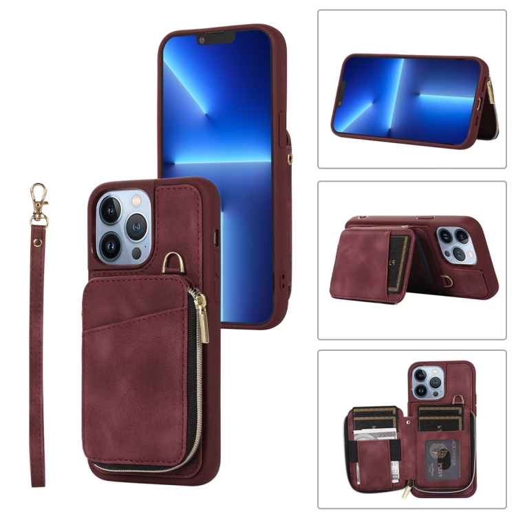 

For iPhone 13 Pro Zipper Card Bag Back Cover Phone Case(Wine Red)