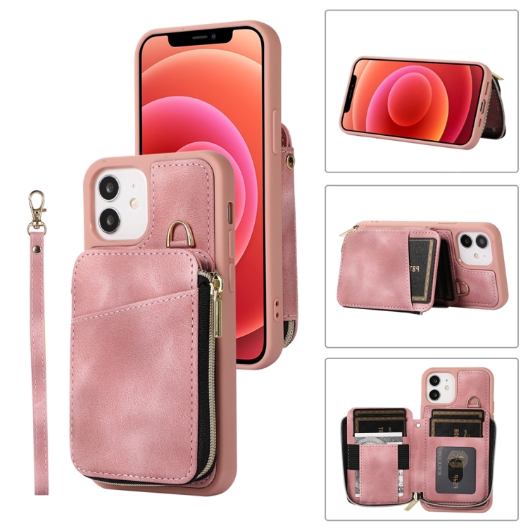 

For iPhone 12 Zipper Card Bag Back Cover Phone Case(Pink)