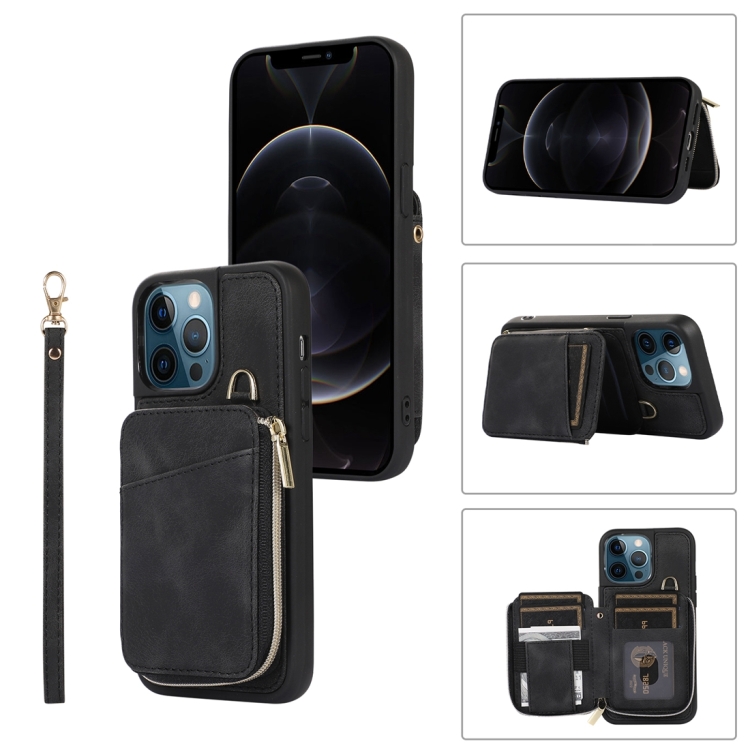 

For iPhone 12 Pro Zipper Card Bag Back Cover Phone Case(Black)