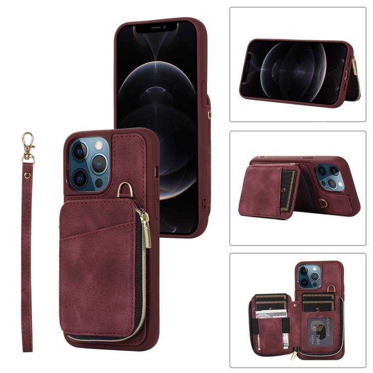 

For iPhone 12 Pro Max Zipper Card Bag Back Cover Phone Case(Wine Red)