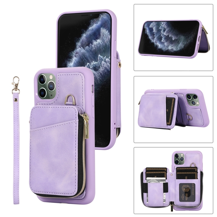 

For iPhone 11 Pro Max Zipper Card Bag Back Cover Phone Case(Purple)