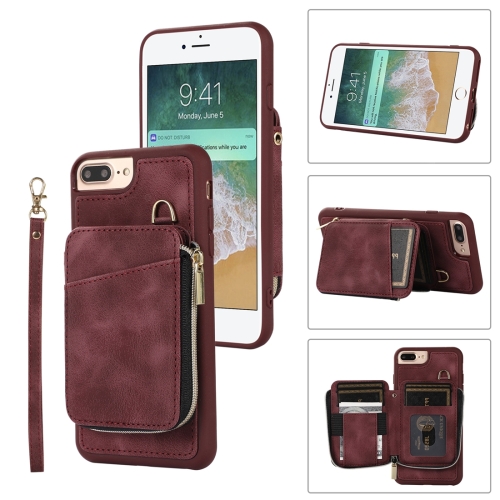 

For iPhone 8 Plus / 7 Plus Zipper Card Bag Back Cover Phone Case(Wine Red)