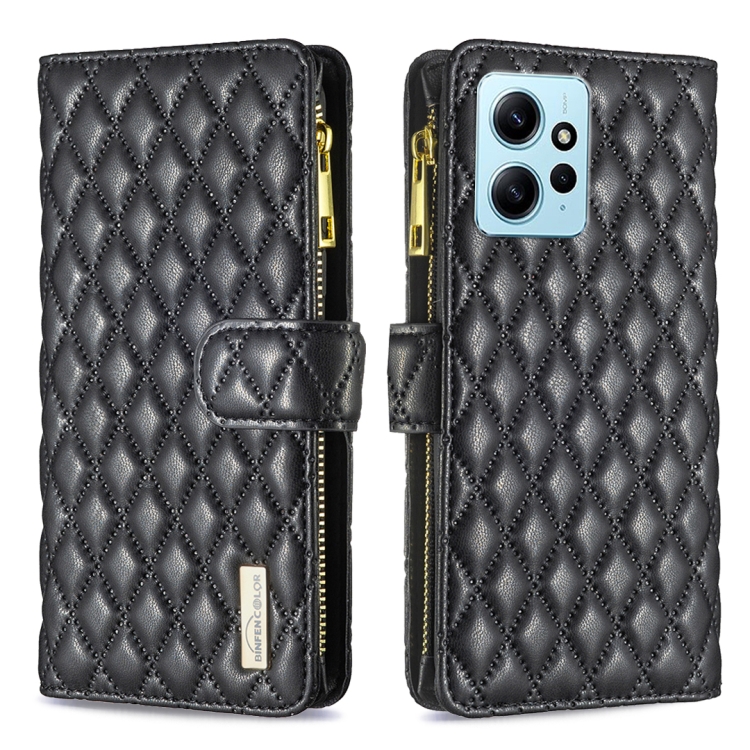 

For Xiaomi Redmi Note 12 4G Global Diamond Lattice Zipper Wallet Leather Flip Phone Case(Black)