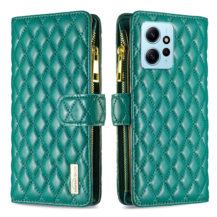 

For Xiaomi Redmi Note 12 4G Global Diamond Lattice Zipper Wallet Leather Flip Phone Case(Green)