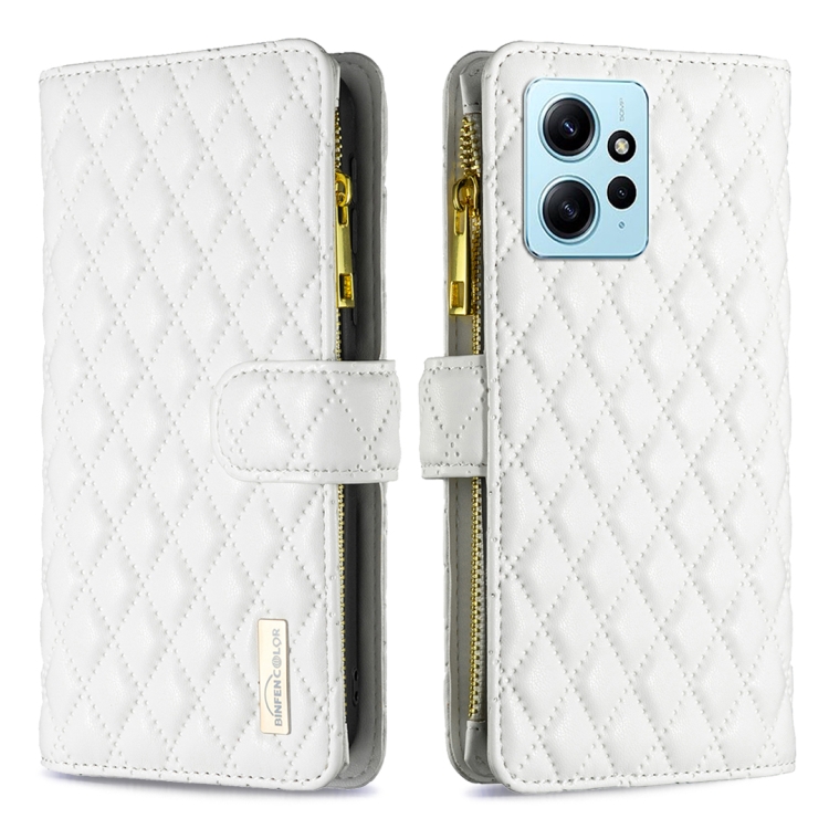 

For Xiaomi Redmi Note 12 4G Global Diamond Lattice Zipper Wallet Leather Flip Phone Case(White)