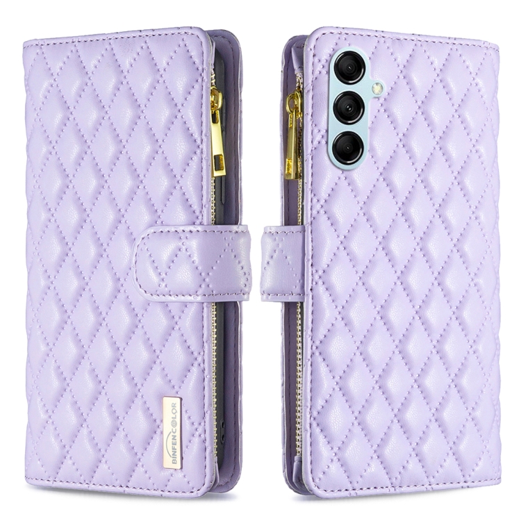 

For Samsung Galaxy M14 5G Diamond Lattice Zipper Wallet Leather Flip Phone Case(Purple)