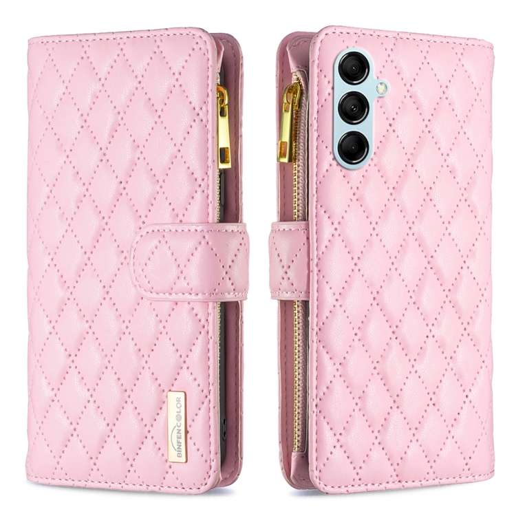 

For Samsung Galaxy M14 5G Diamond Lattice Zipper Wallet Leather Flip Phone Case(Pink)