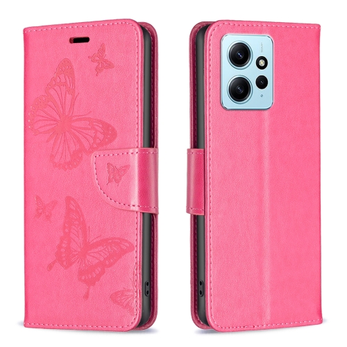 

For Xiaomi Redmi Note 12 4G Global Two Butterflies Embossing Leather Phone Case(Rose Red)