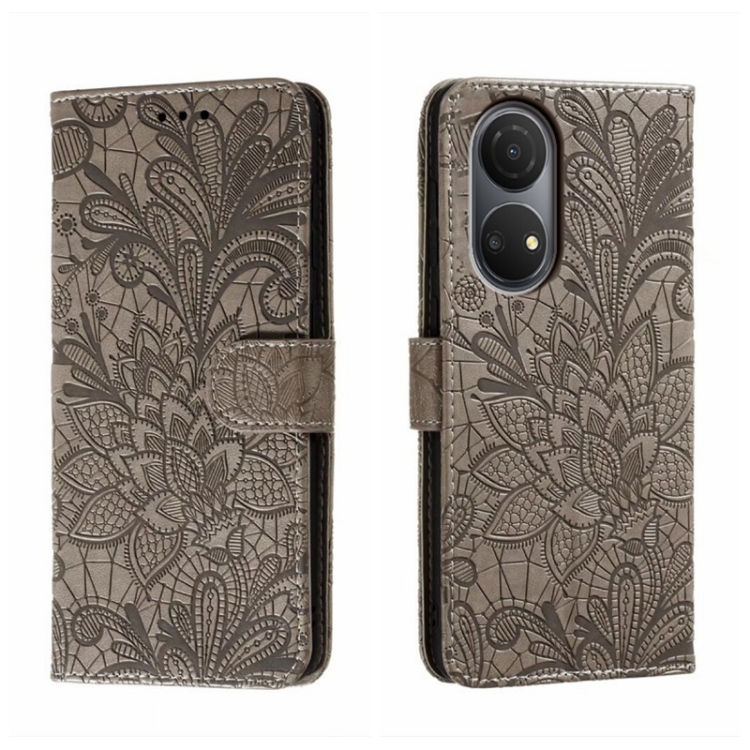 

For Honor Play 30 Plus Lace Flower Embossing Flip Leather Phone Case(Grey)