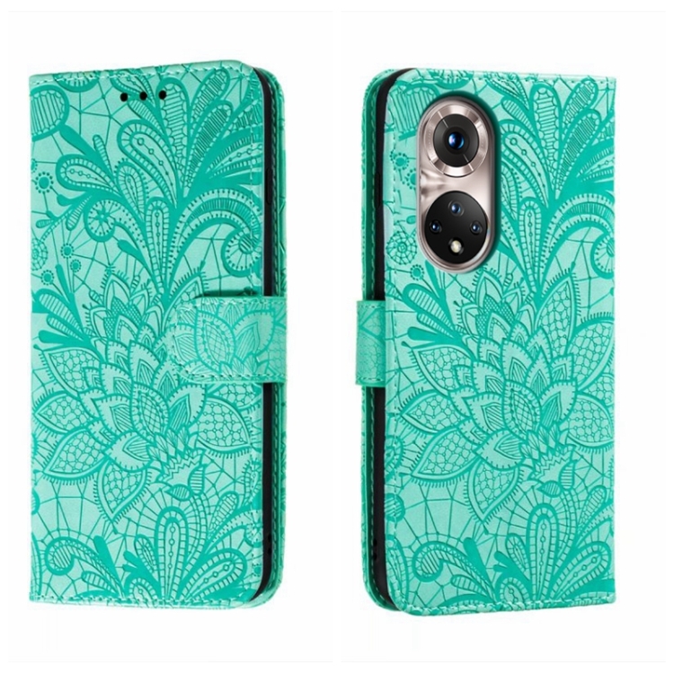 

For Honor 50 Pro Lace Flower Embossing Flip Leather Phone Case(Green)