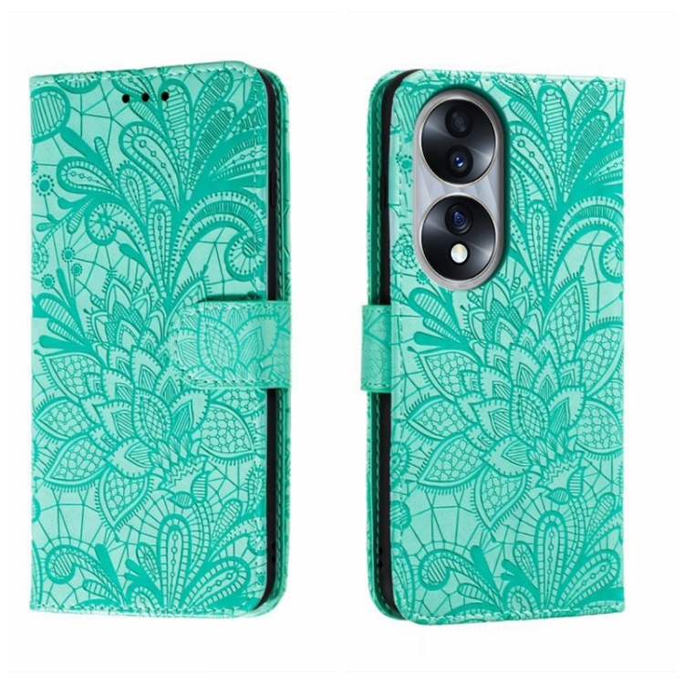 

For Honor 70 Lace Flower Embossing Flip Leather Phone Case(Green)