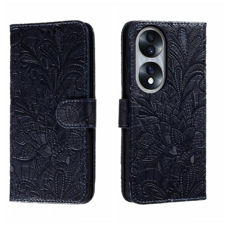 

For Honor 70 Lace Flower Embossing Flip Leather Phone Case(Dark Blue)