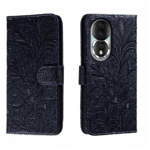 

For Honor 80 Lace Flower Embossing Flip Leather Phone Case(Dark Blue)