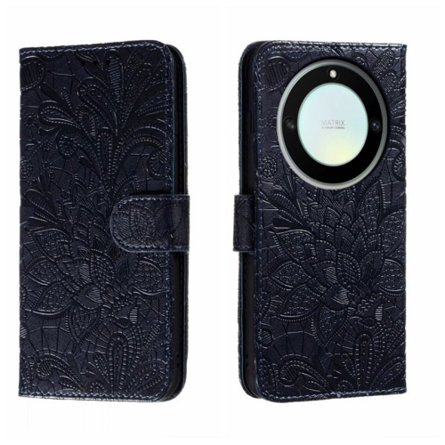 

For Honor X40 Lace Flower Embossing Flip Leather Phone Case(Dark Blue)