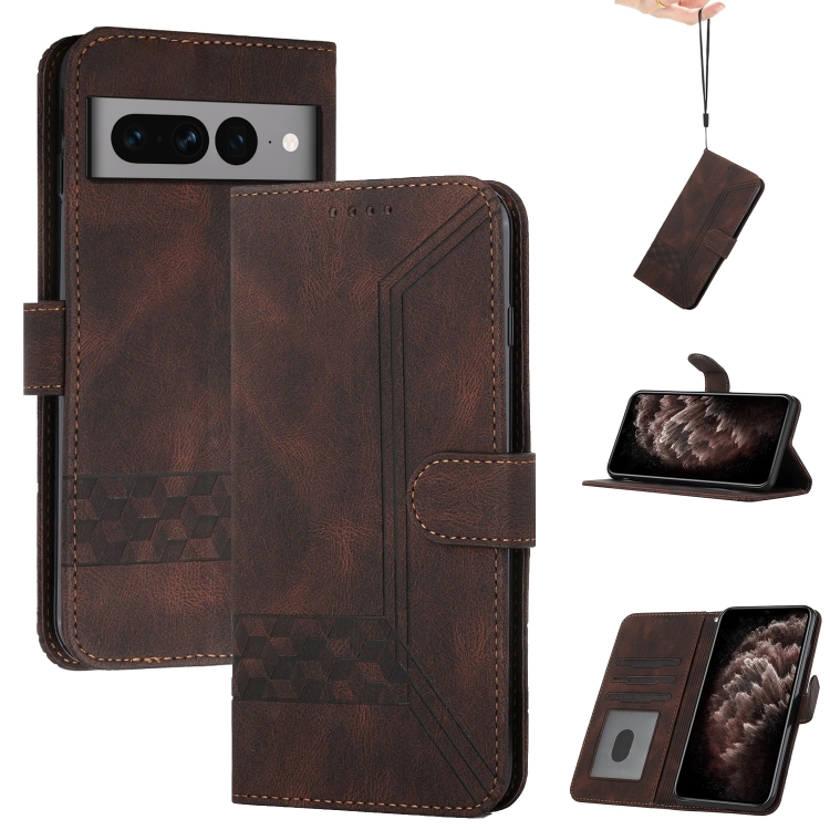 

For Google Pixel 7 Pro 5G Cubic Skin Feel Flip Leather Phone Case(Brown)