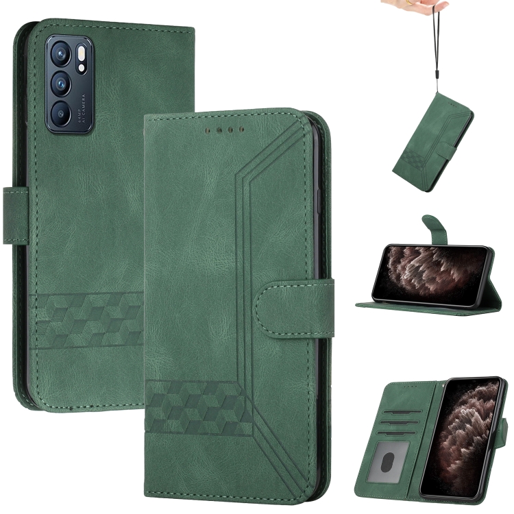 

For OPPO Reno6 5G Cubic Skin Feel Flip Leather Phone Case(Green)