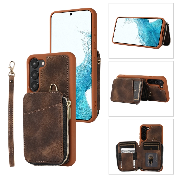 

For Samsung Galaxy S23 5G Zipper Card Bag Back Cover Phone Case(Brown)