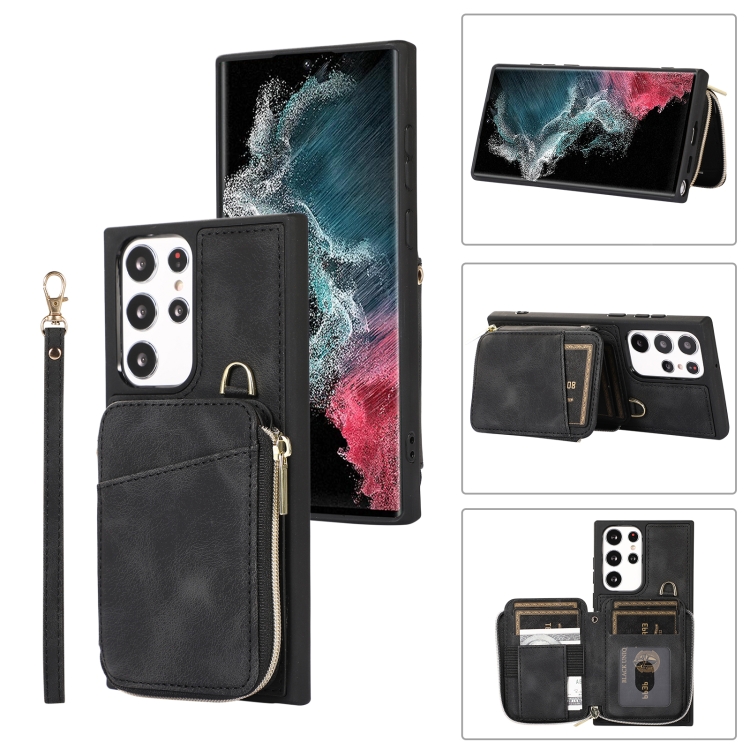 

For Samsung Galaxy S22 Ultra 5G Zipper Card Bag Back Cover Phone Case(Black)