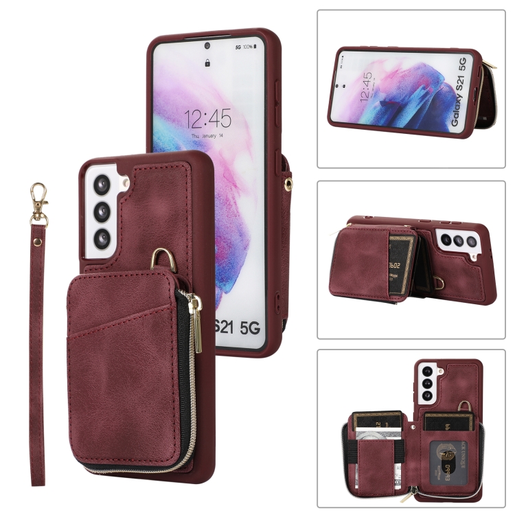 

For Samsung Galaxy S21+ 5G Zipper Card Bag Back Cover Phone Case(Wine Red)