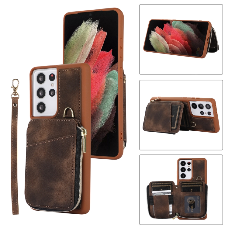 

For Samsung Galaxy S21 Ultra 5G Zipper Card Bag Back Cover Phone Case(Brown)